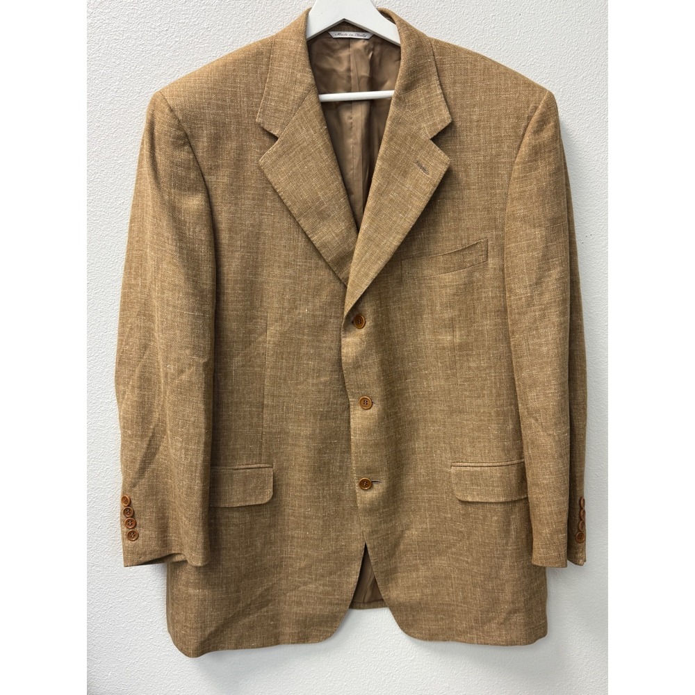 Canali Mens‎ Blazer Jacket Made in Italy Silk Linen Wool Blend Brown Sport Coat